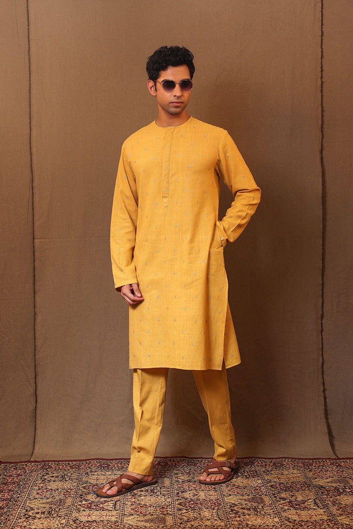 Mati Shirts & Tops Mustard EMB Zari Clubs SB Cotton Kurta