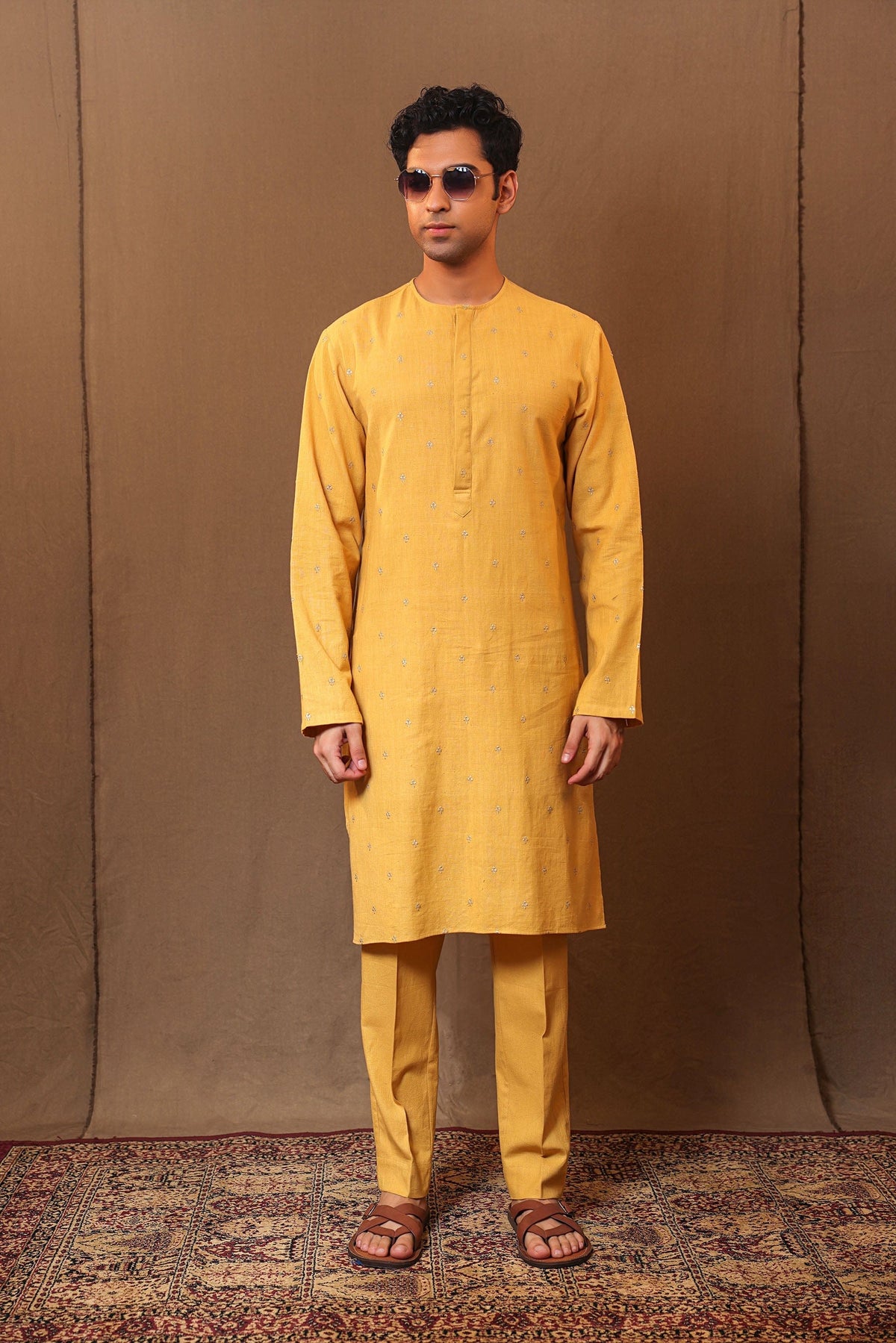 Mati Shirts & Tops Mustard EMB Zari Clubs SB Cotton Kurta