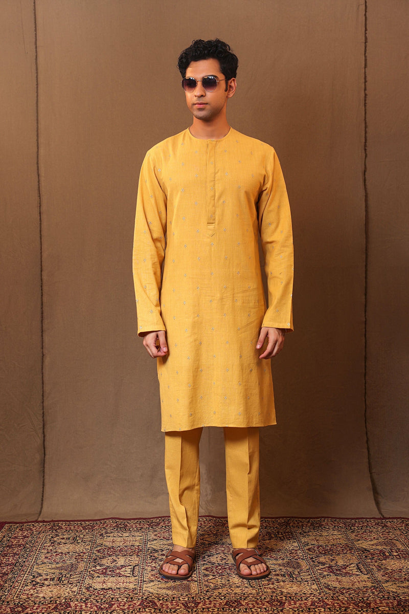 Mati Shirts & Tops Mustard EMB Zari Clubs SB Cotton Kurta