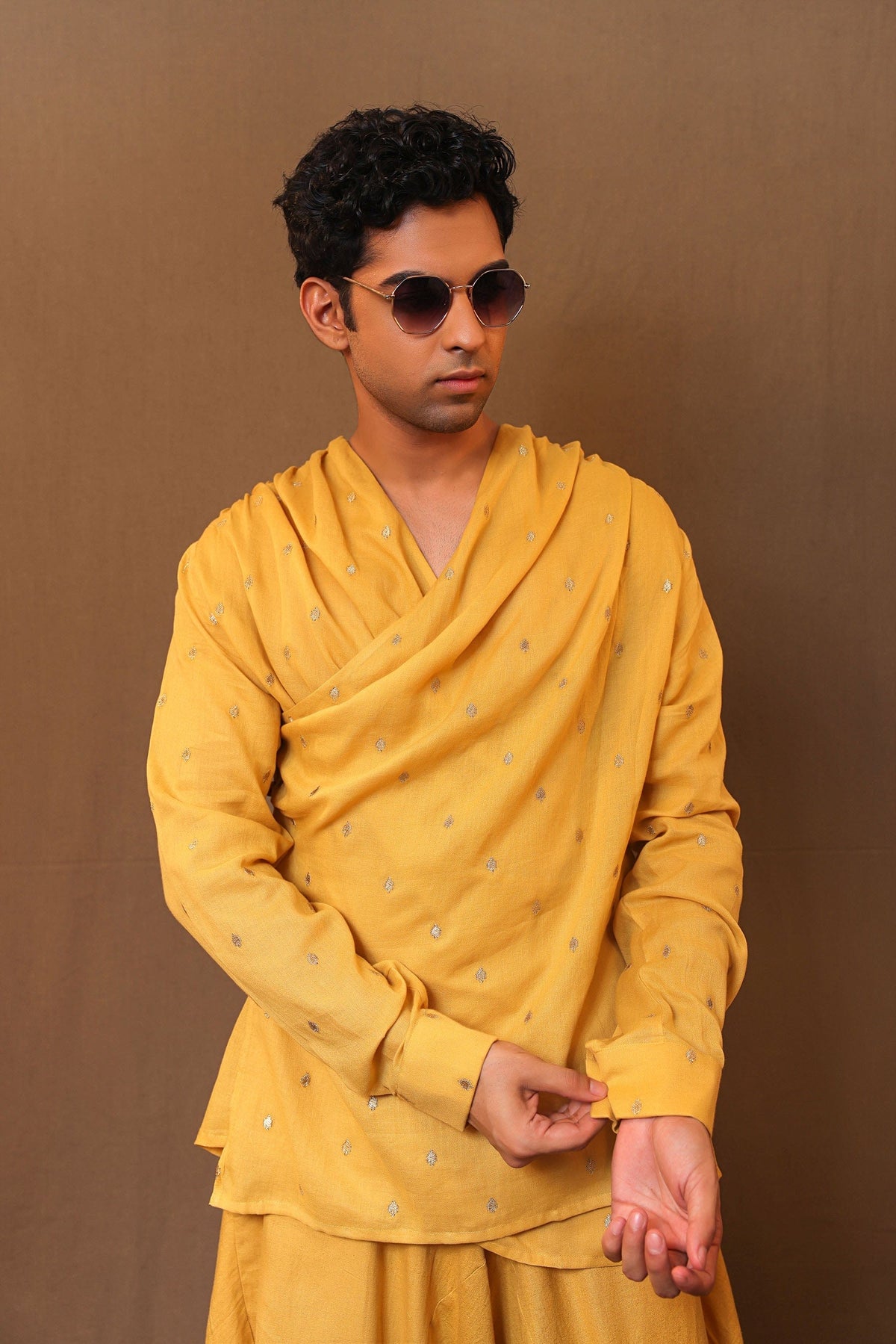 Mati Shirts & Tops Mustard EMB Zari Spade Overlap Shirt