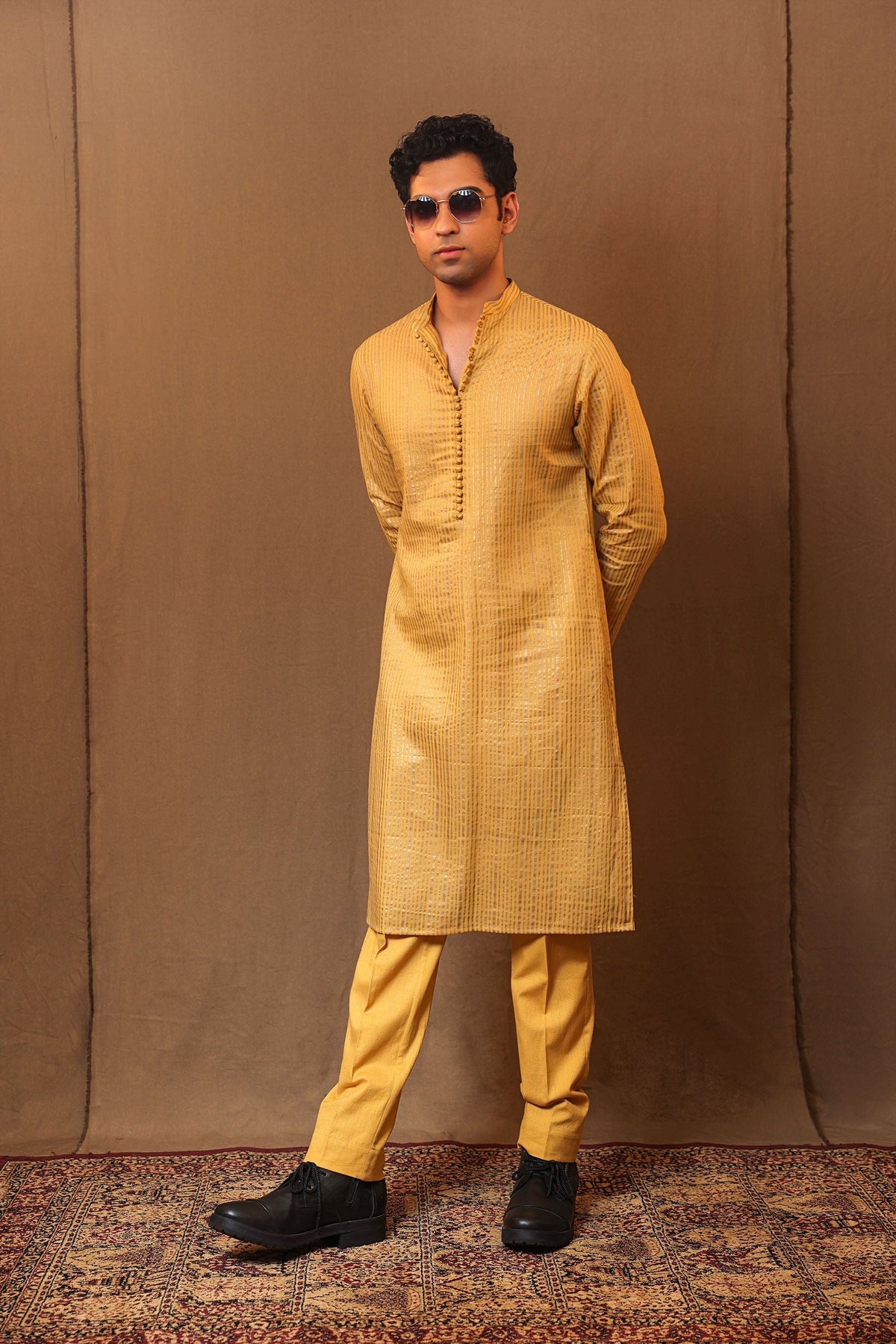 Mati Shirts & Tops Mustard STR Buttoned Kurta