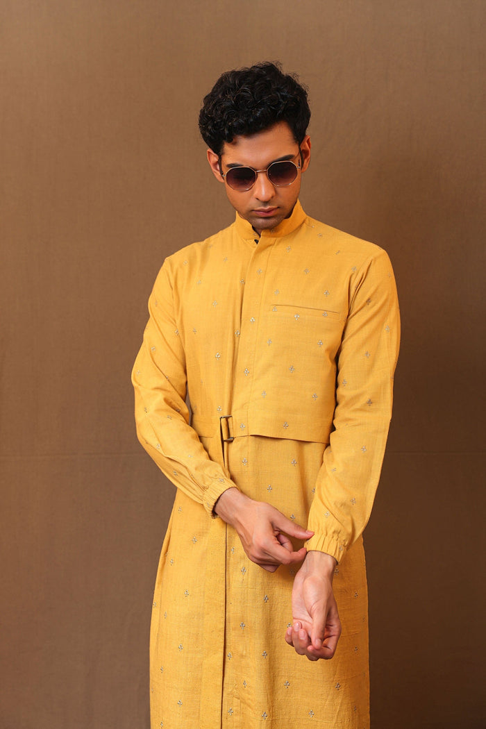 Mati Shirts & Tops Mustard Zari Club EMB Belted Kurta