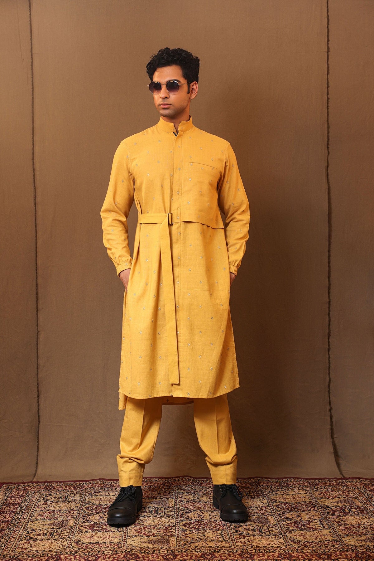 Mati Shirts & Tops Mustard Zari Club EMB Belted Kurta