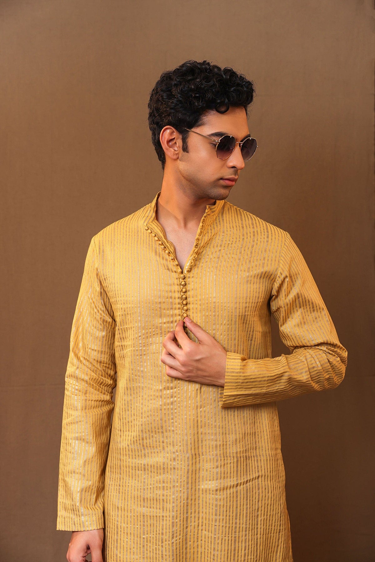 Mati Shirts & Tops S Mustard STR Buttoned Kurta