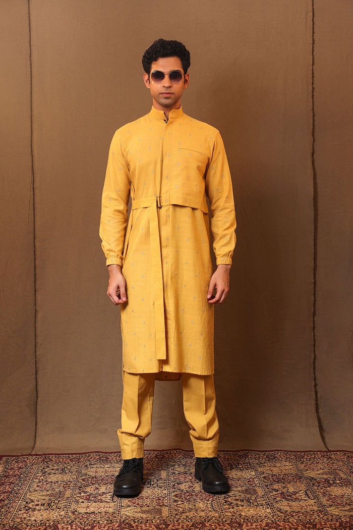 Mati Shirts & Tops S Mustard Zari Club EMB Belted Kurta