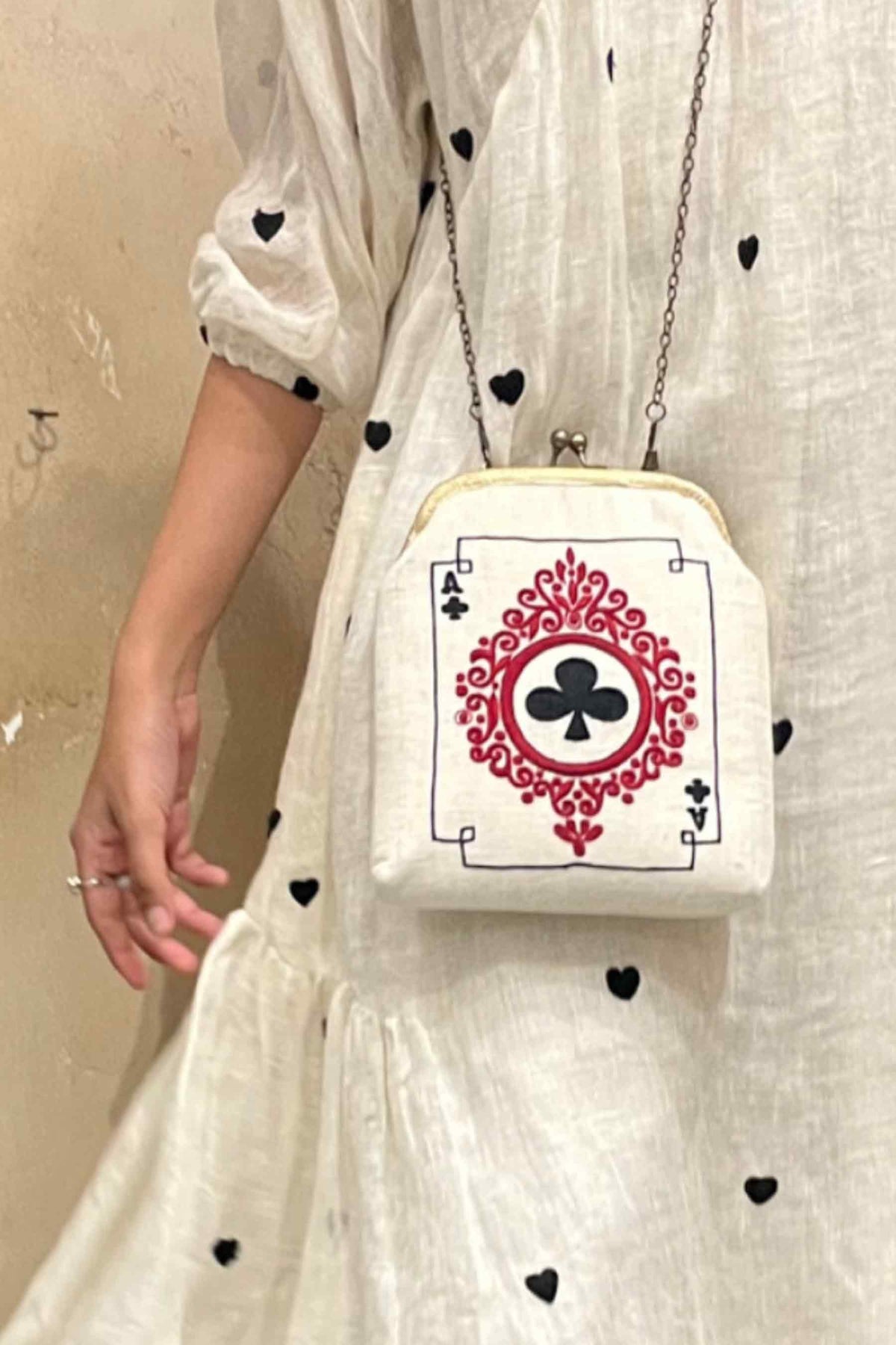 Mati Accessories Taash Hand Embroidered Oatmeal Clutch - Clubs