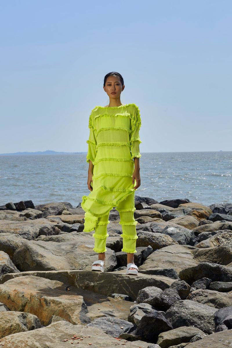 Mati Apparel & Accessories Neon Green Tassle Tier Tunic