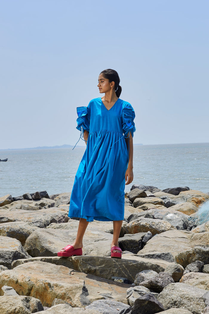 Mati Dresses Blue Ruffle Sleeve Dress