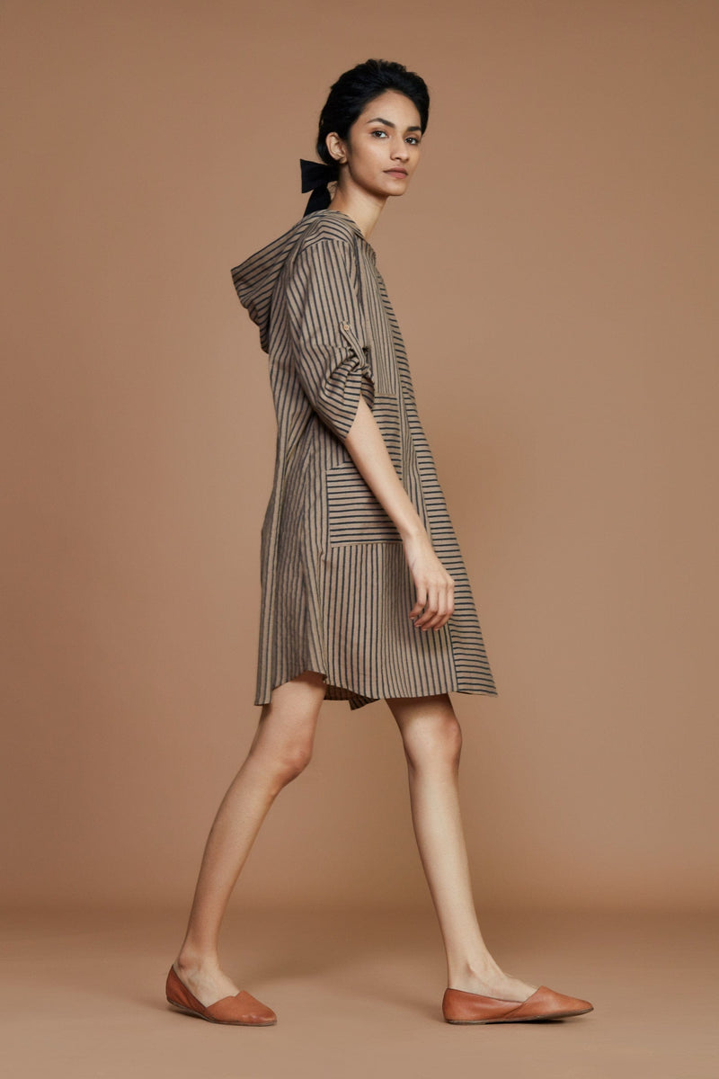 Mati Dresses Brown With Charcoal Striped Hooded Dress