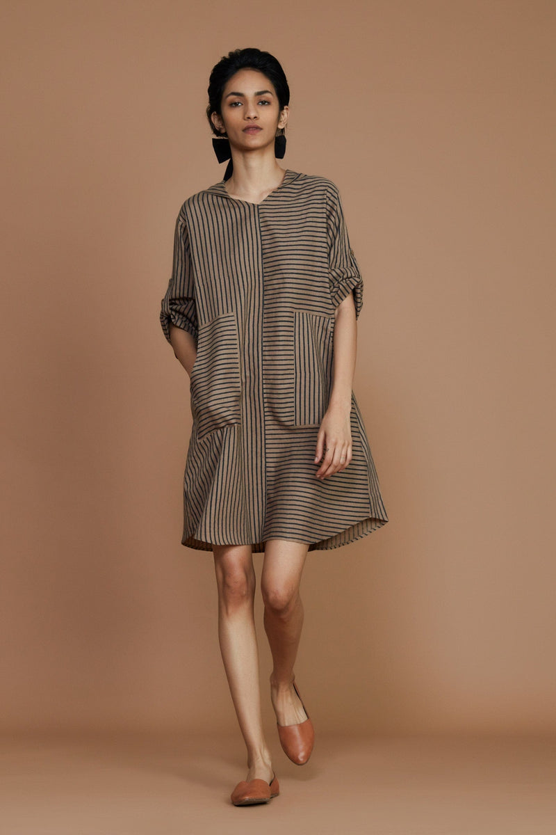 Mati Dresses Brown With Charcoal Striped Hooded Dress