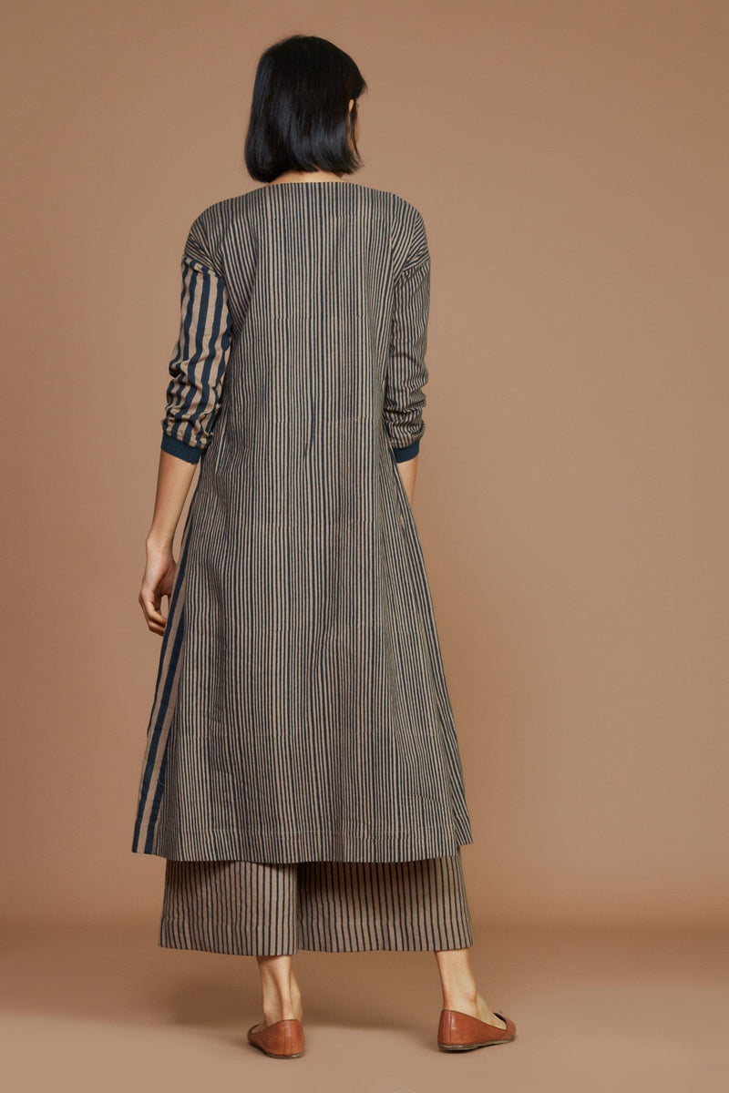 Mati Dresses Brown With Charcoal Striped Pleated  Dress