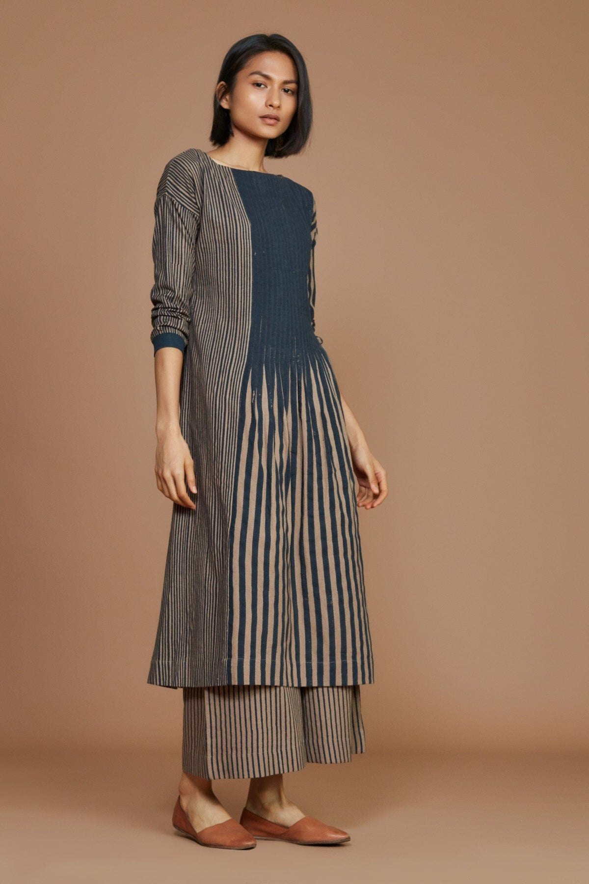 Mati Dresses Brown With Charcoal Striped Pleated  Dress