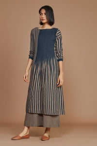 Mati Dresses Brown With Charcoal Striped Pleated  Dress