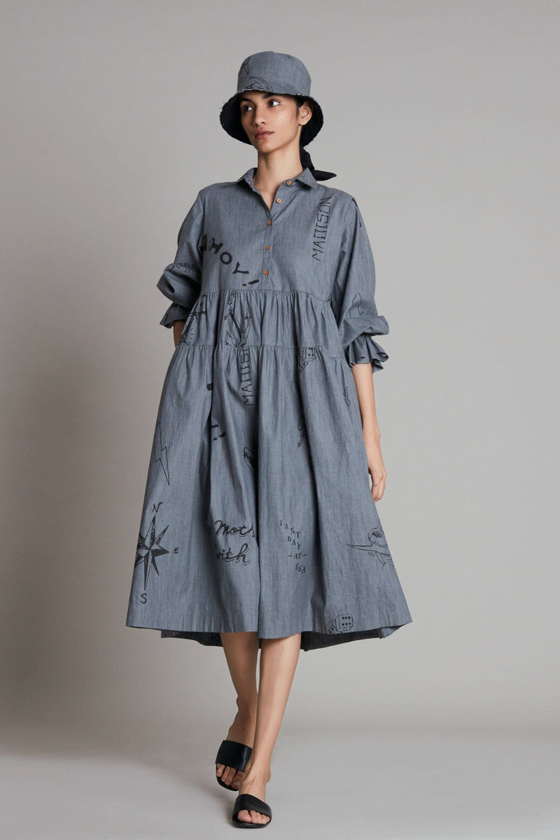 Mati Dresses Grey Denim Tiered Dress