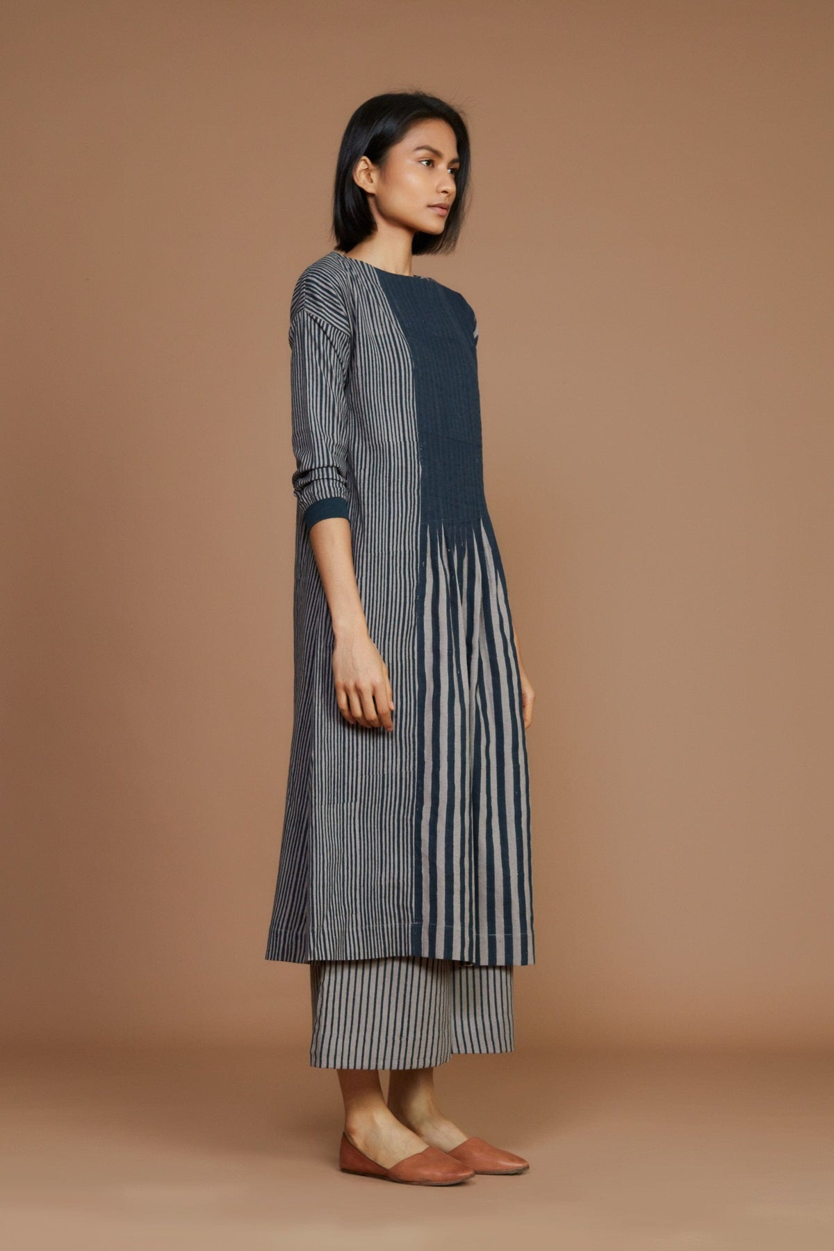 Mati Dresses Grey With Charcoal Striped Pleated  Dress