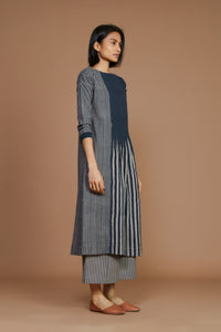 Mati Dresses Grey With Charcoal Striped Pleated  Dress