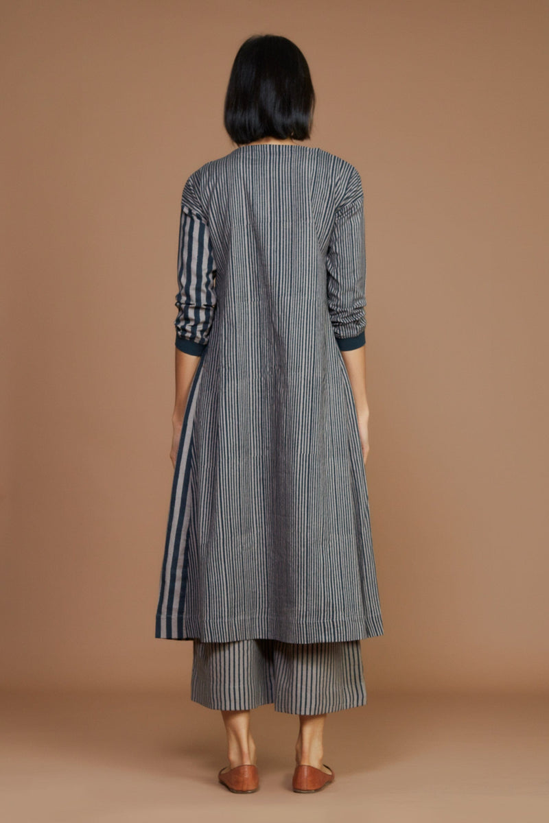 Mati Dresses Grey With Charcoal Striped Pleated  Dress