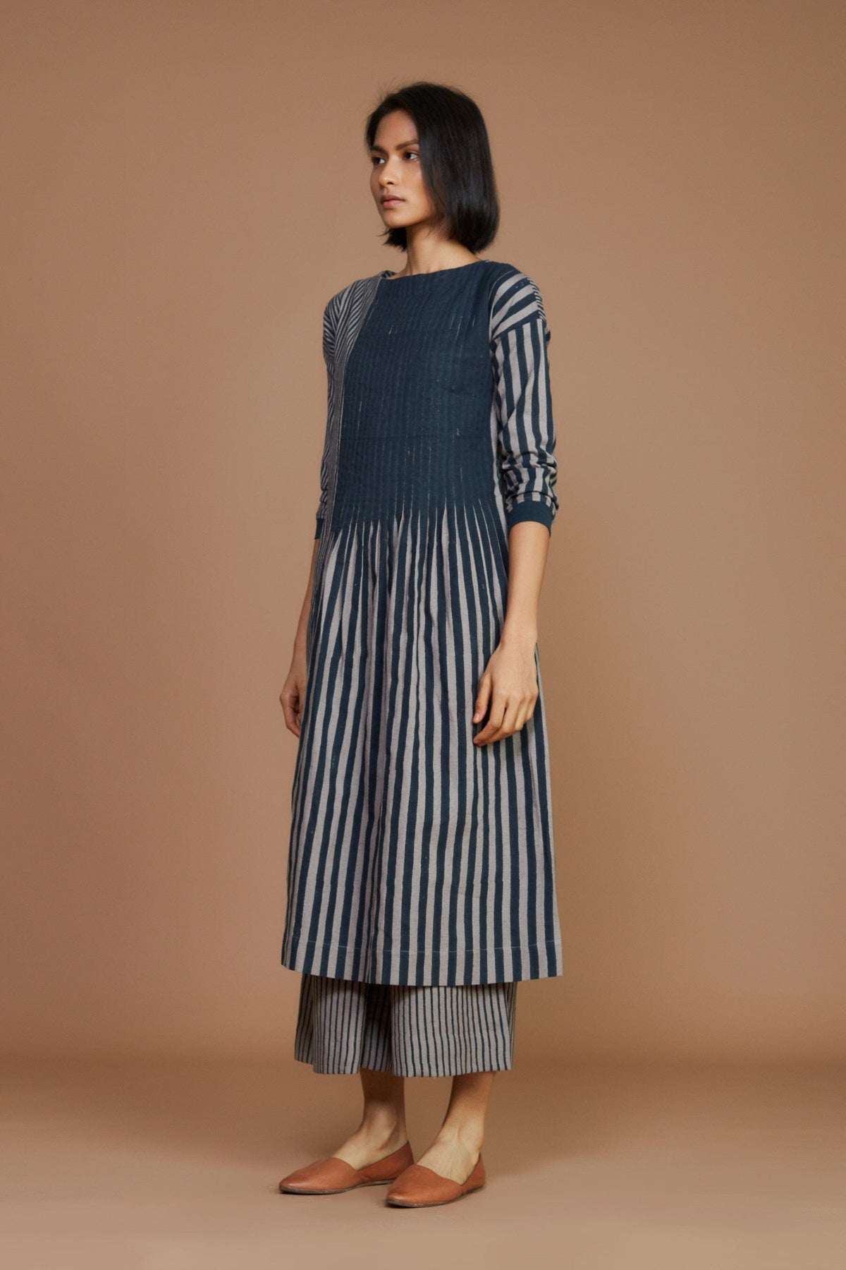 Mati Dresses Grey With Charcoal Striped Pleated  Dress