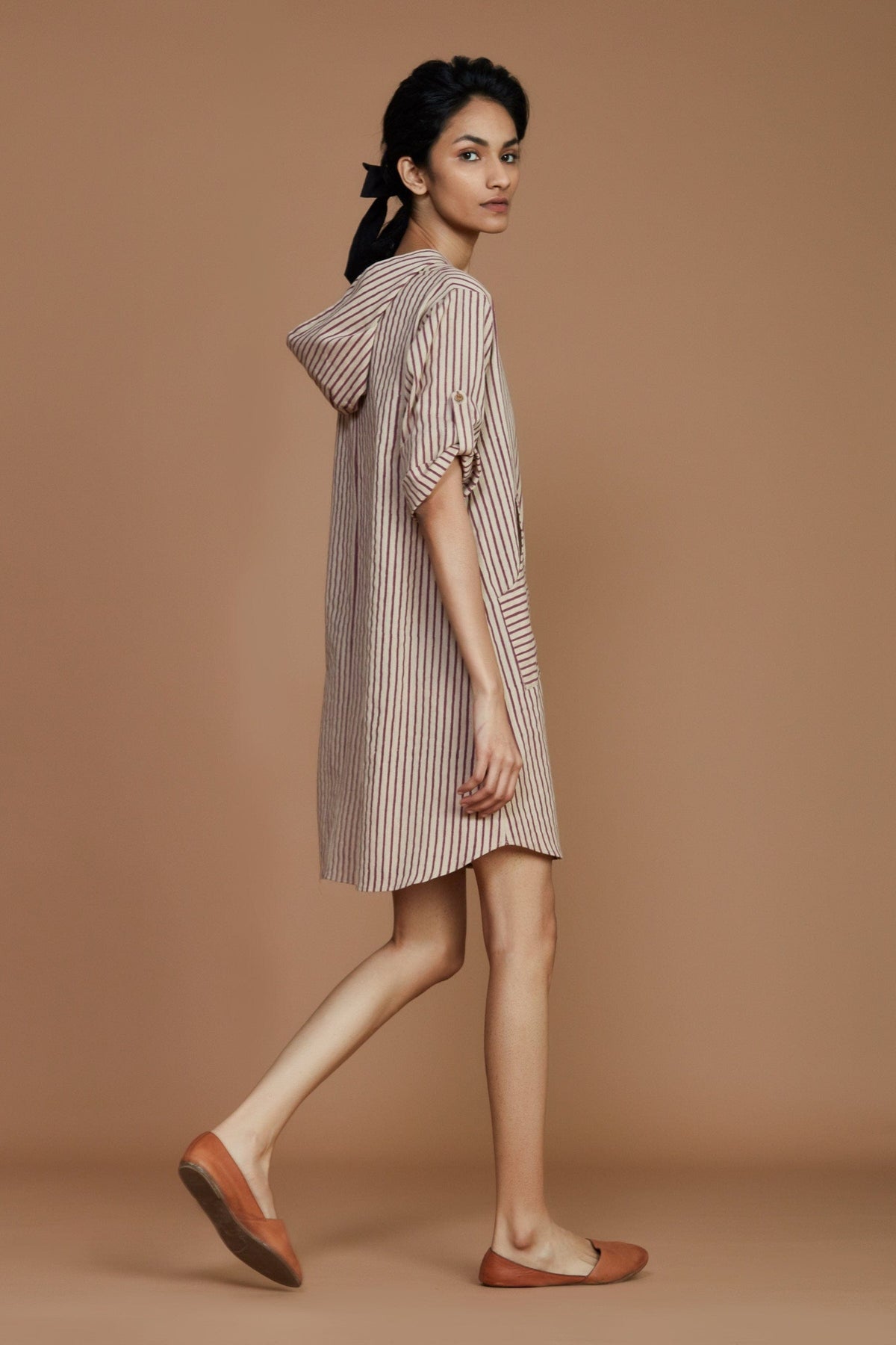 Mati Dresses Ivory With Mauve Striped Hooded Dress