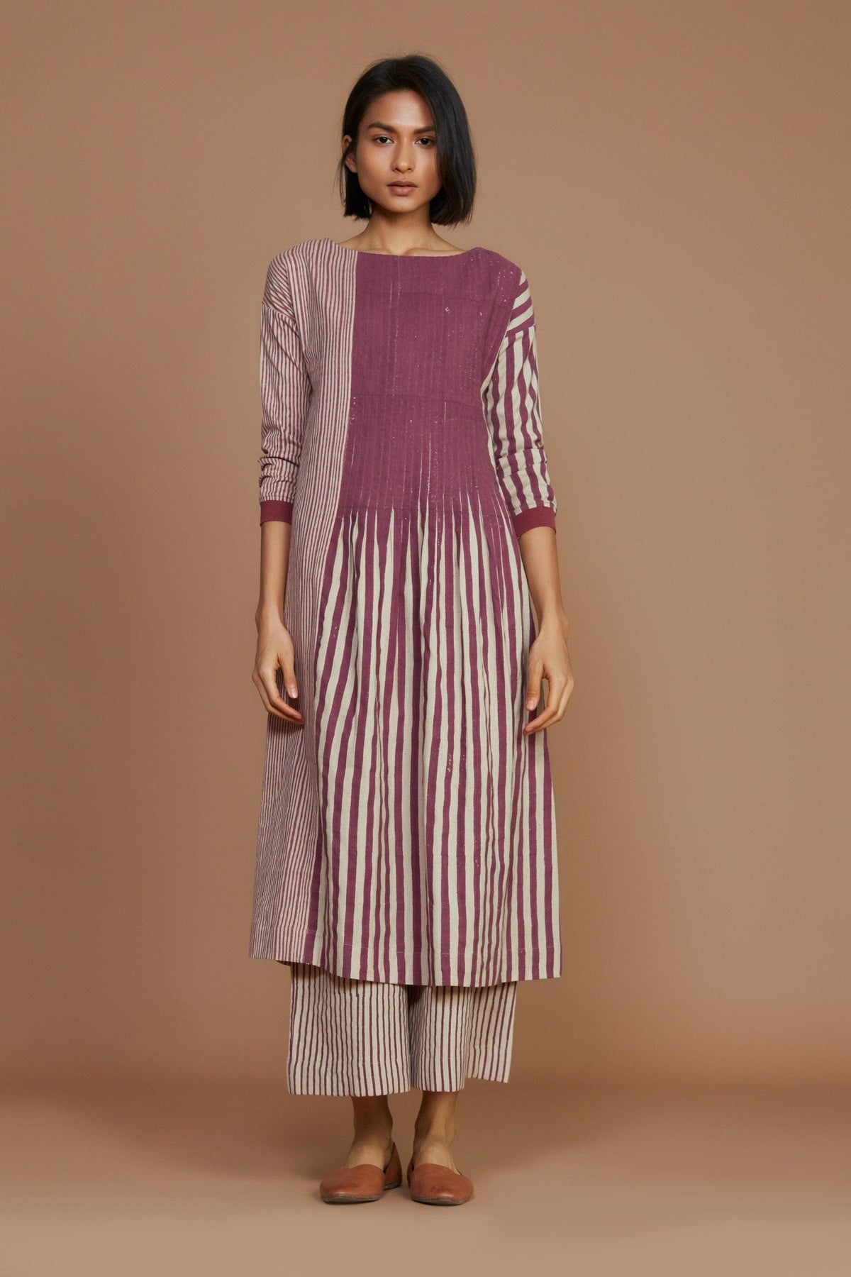 Mati Dresses Ivory With Mauve Striped Pleated Dress