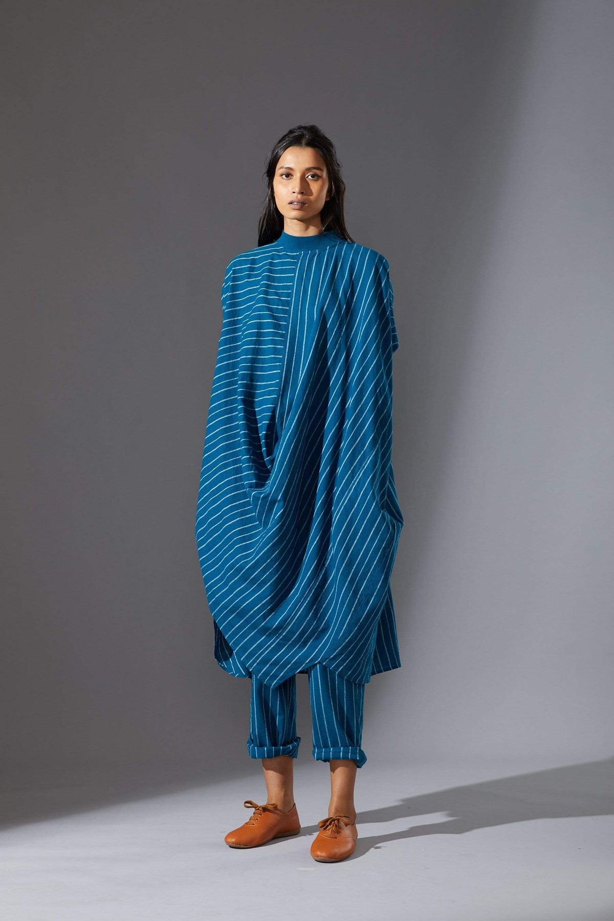 Mati Dresses Mati Blue Cowl Tunic With Ribbed Collar