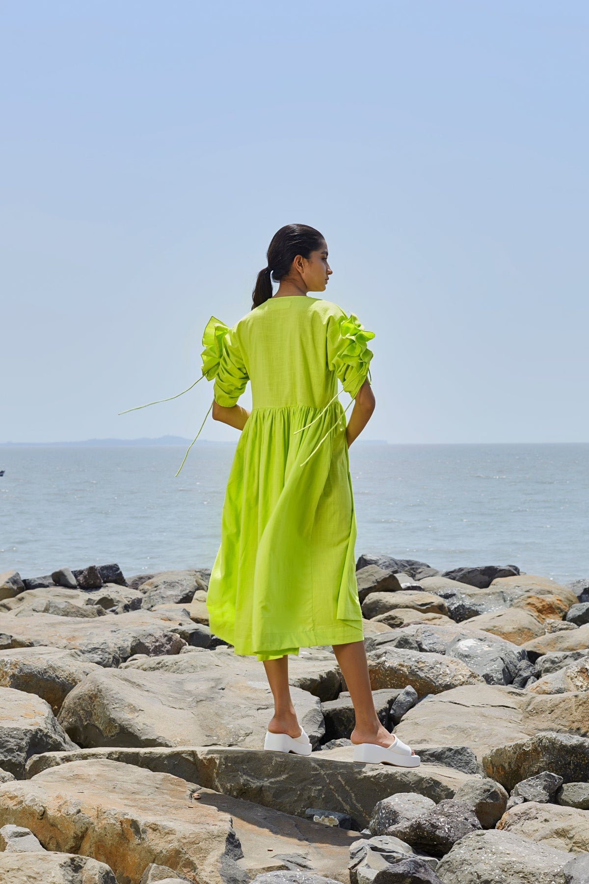 Mati Dresses Neon Green Ruffle Sleeve Dress