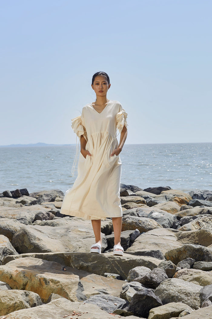 Mati Dresses Off-White Ruffle Sleeve Dress