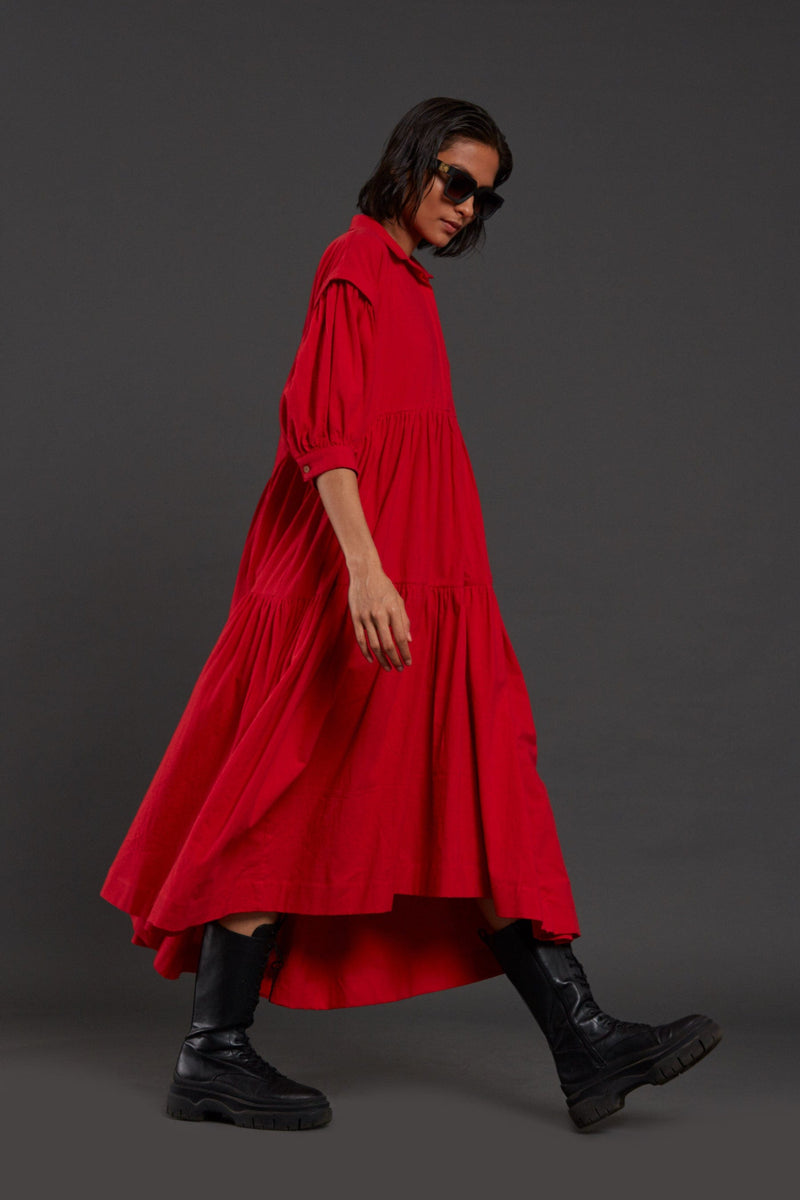 Mati Dresses Red Tiered Shirt Dress