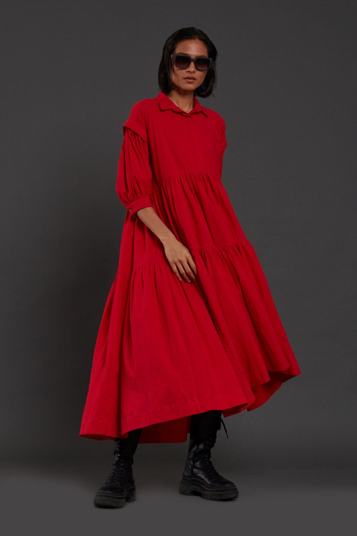 Mati Dresses Red Tiered Shirt Dress