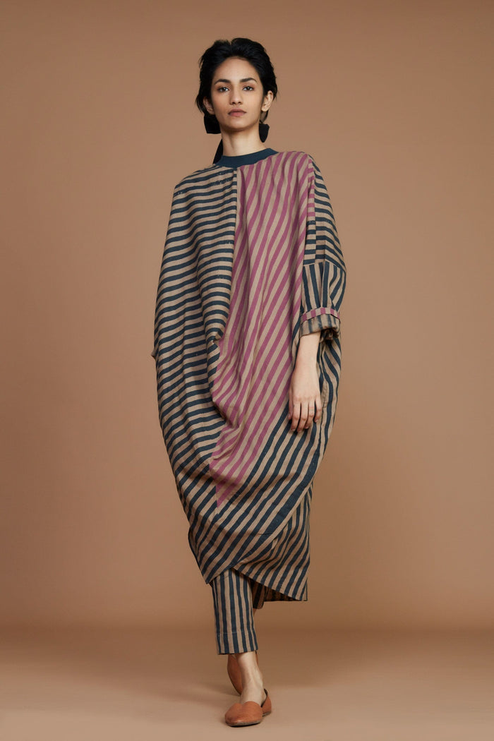 Mati Dresses Ribbed Cowl Tunic Striped Brown Dress