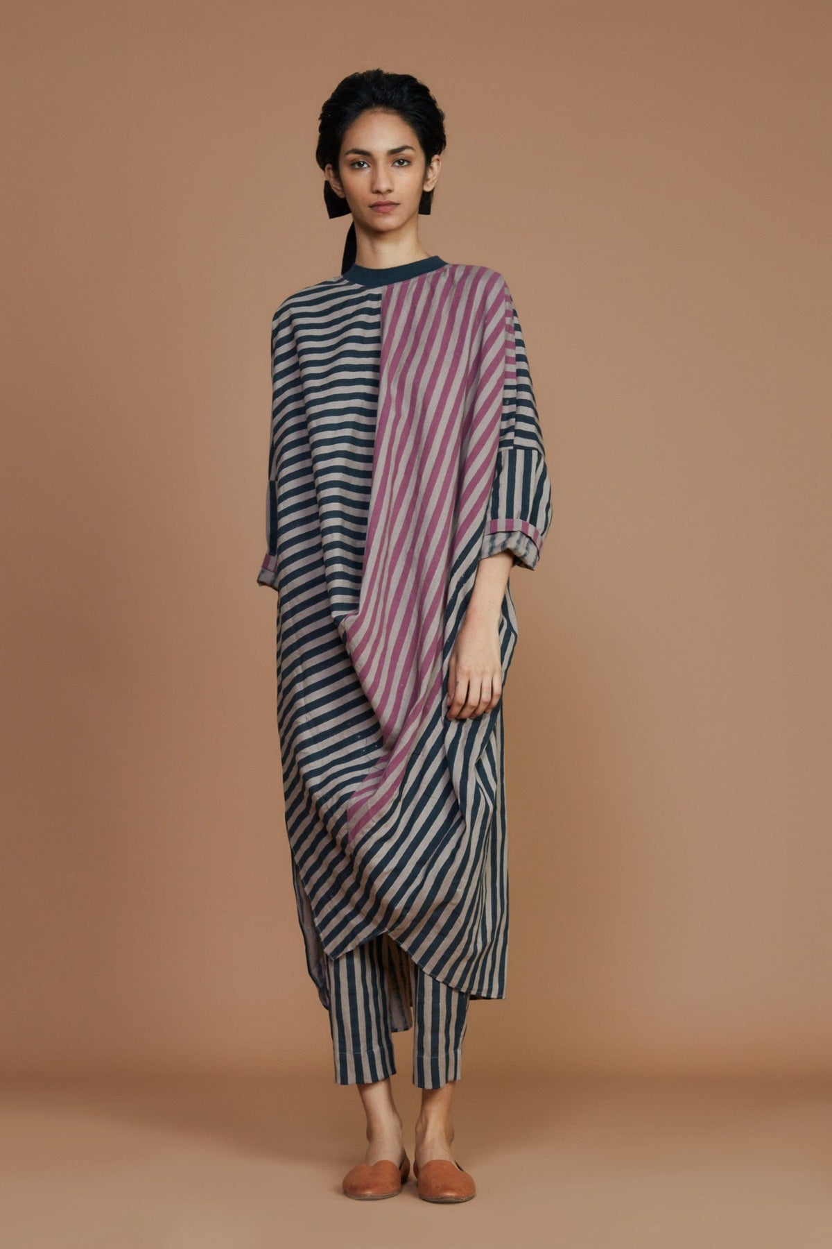 Mati Dresses Ribbed Cowl Tunic Striped Grey Dress