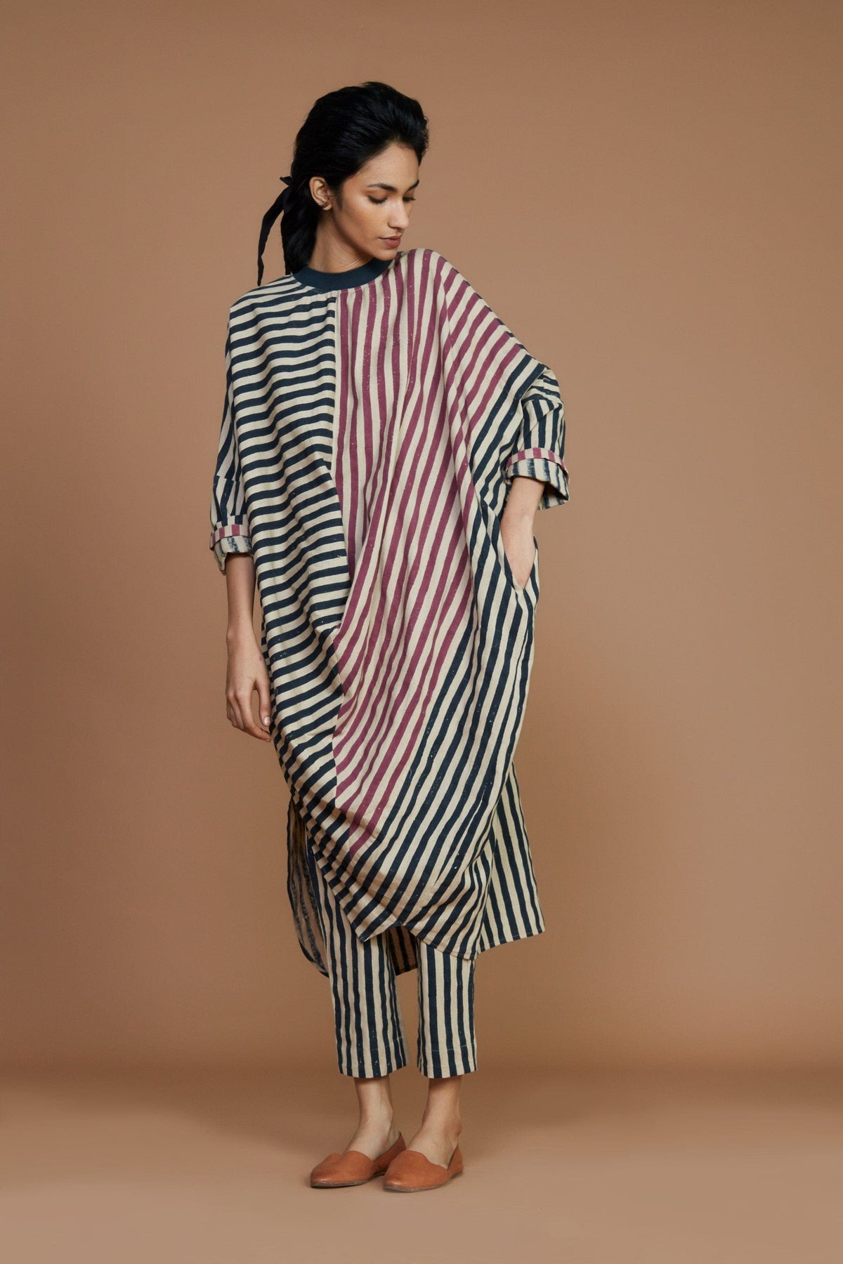 Mati Dresses Ribbed Cowl Tunic Striped Ivory Dress