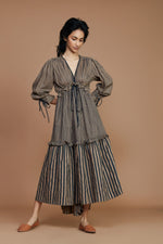 Mati Dresses Tiered Frill Brown Striped Dress