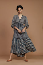 Mati Dresses Tiered Frill Grey Striped Dress