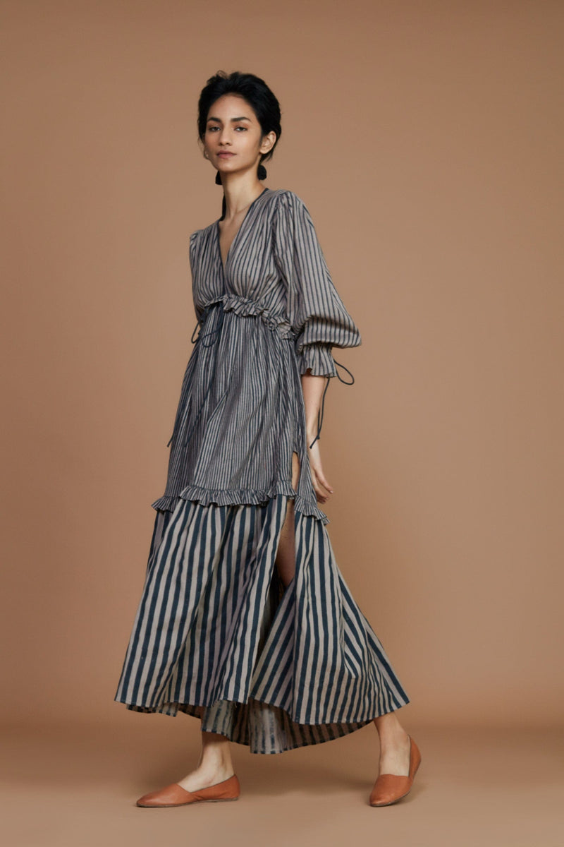 Mati Dresses Tiered Frill Grey Striped Dress