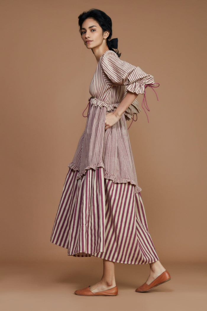 Mati Dresses Tiered Frill Mauve Striped Dress