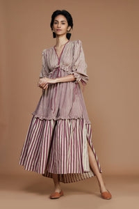 Mati Dresses Tiered Frill Mauve Striped Dress