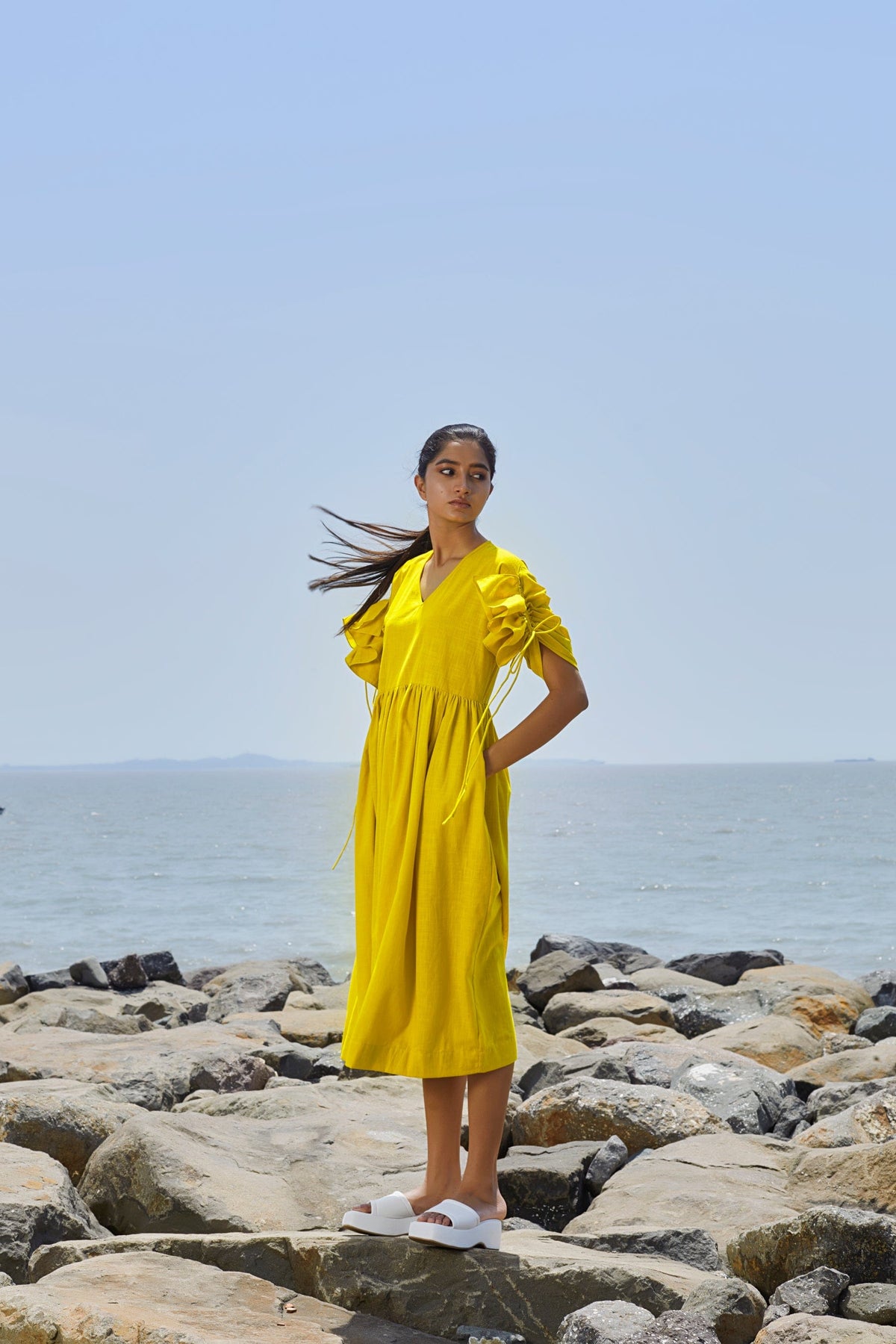 Mati Dresses Yellow Ruffle Sleeve Dress