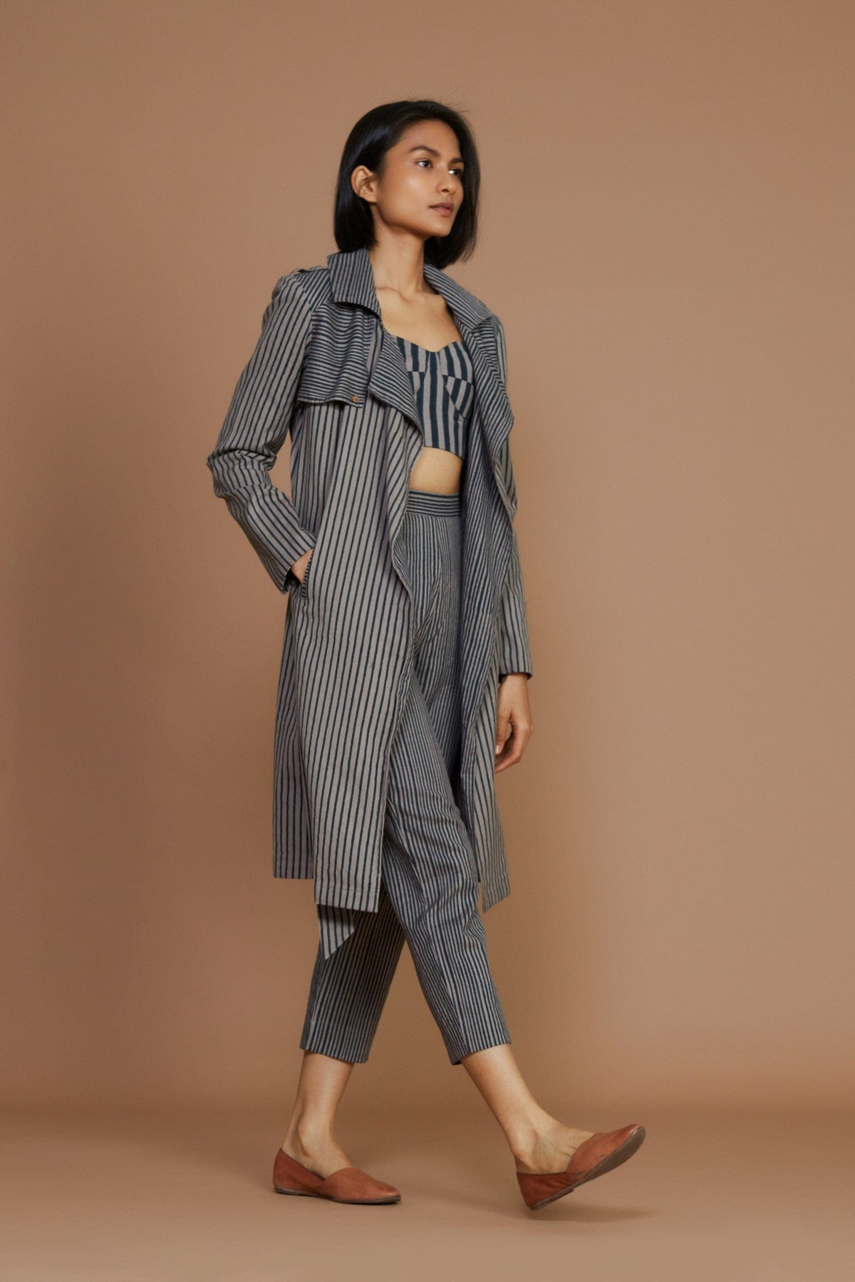 Mati JACKET Grey with Charcoal Striped Trench Jacket