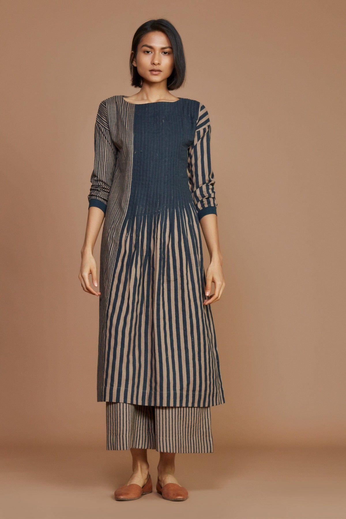 Mati Outfit Sets Brown With Charcoal Striped Pleated Co-Ord Set