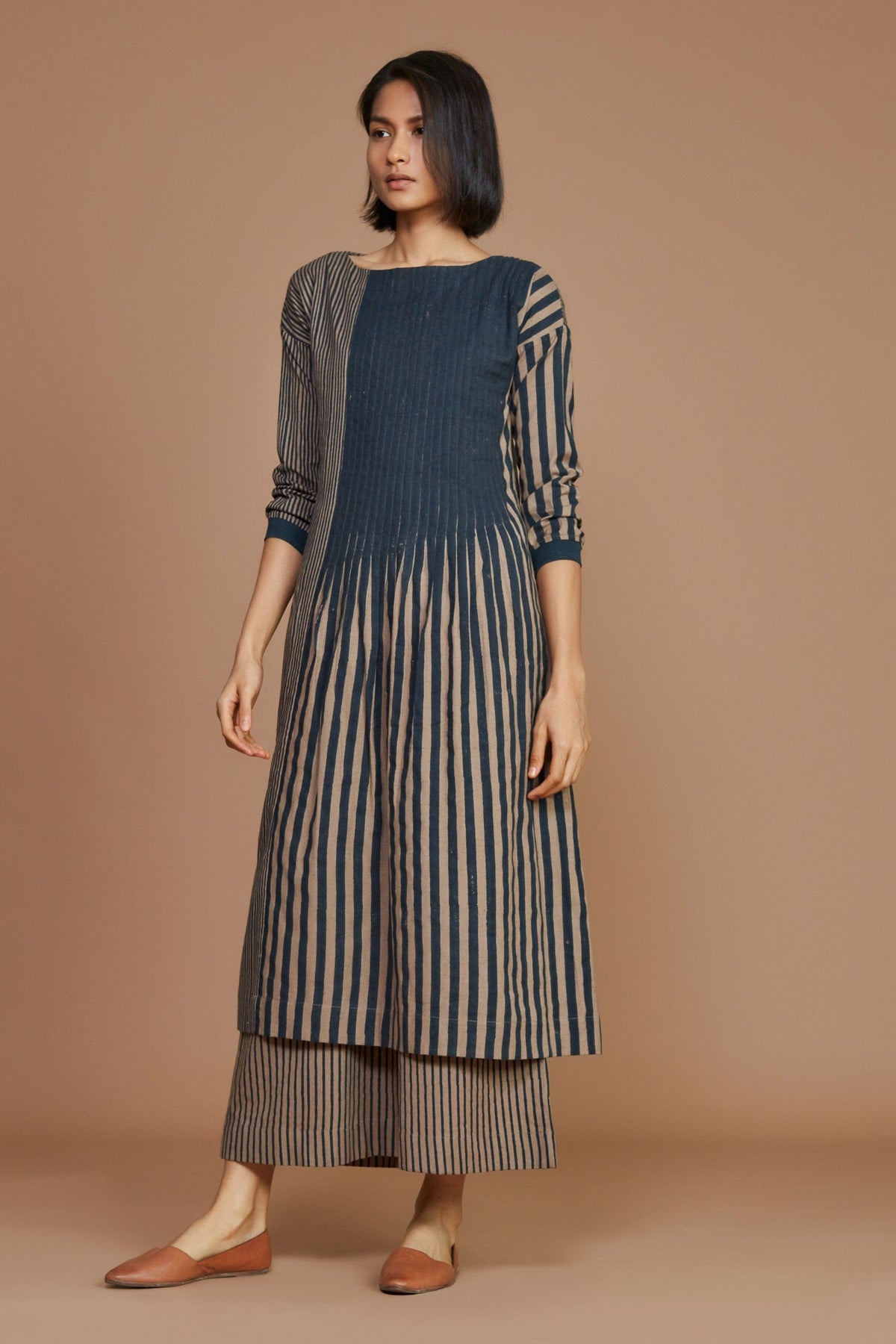 Mati Outfit Sets Brown With Charcoal Striped Pleated Co-Ord Set