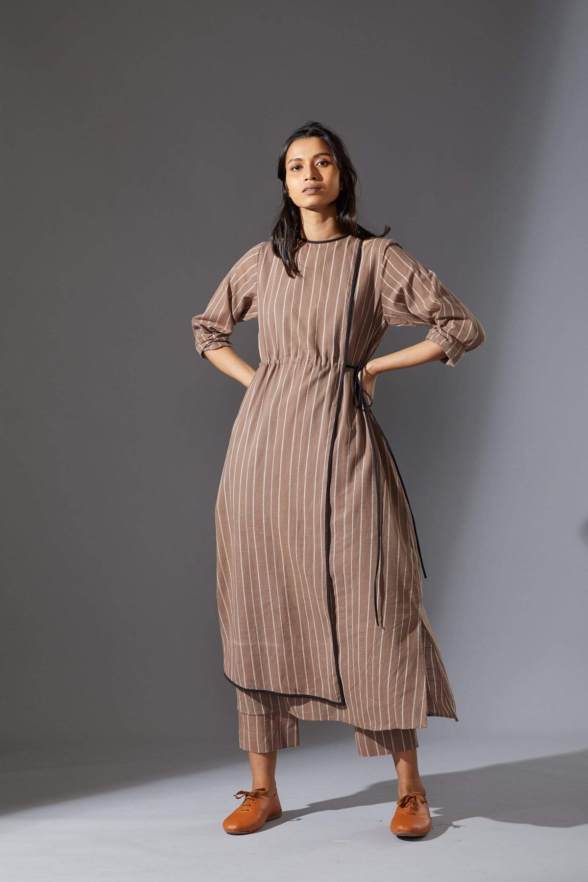 Mati SEPERATES Mati Overlap Beige Striped Tunic Set with Pants