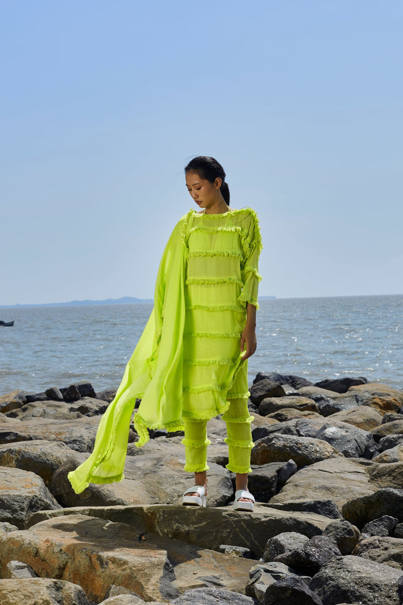 Mati SEPERATES Neon Green Tassle Tier Tunic Set (3 PCS)