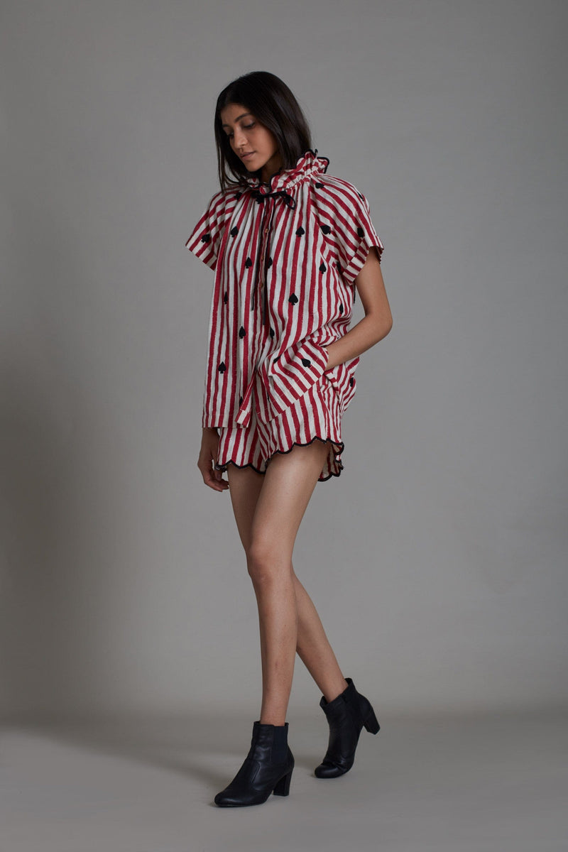 Mati SEPERATES STRIPE TORA SHIRT AND SCALLOP SHORTS SET - RED WITH BLACK HEART (SET OF 2)