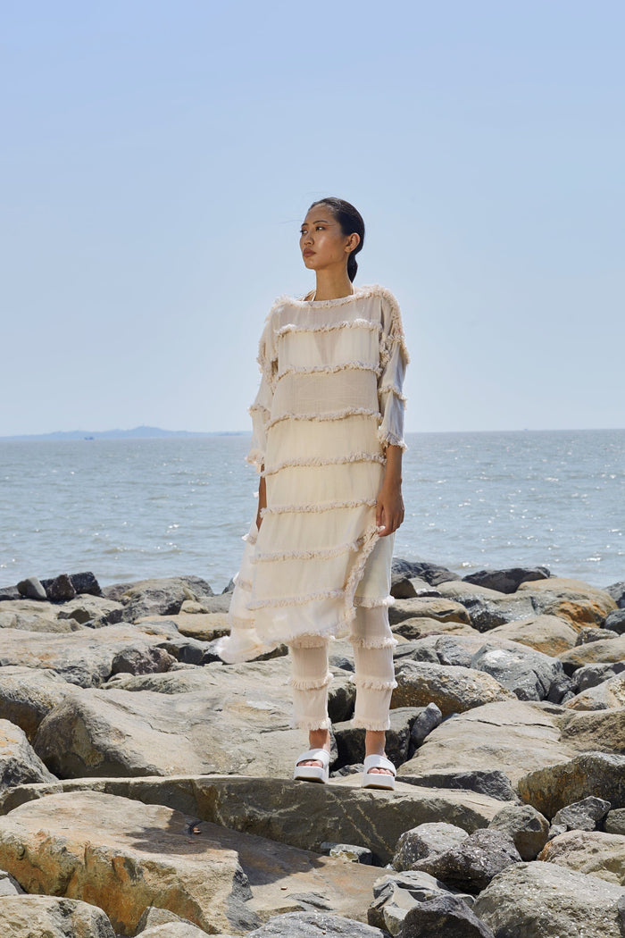 Mati SEPERATES XS Off-White Tassle Tier Tunic Set